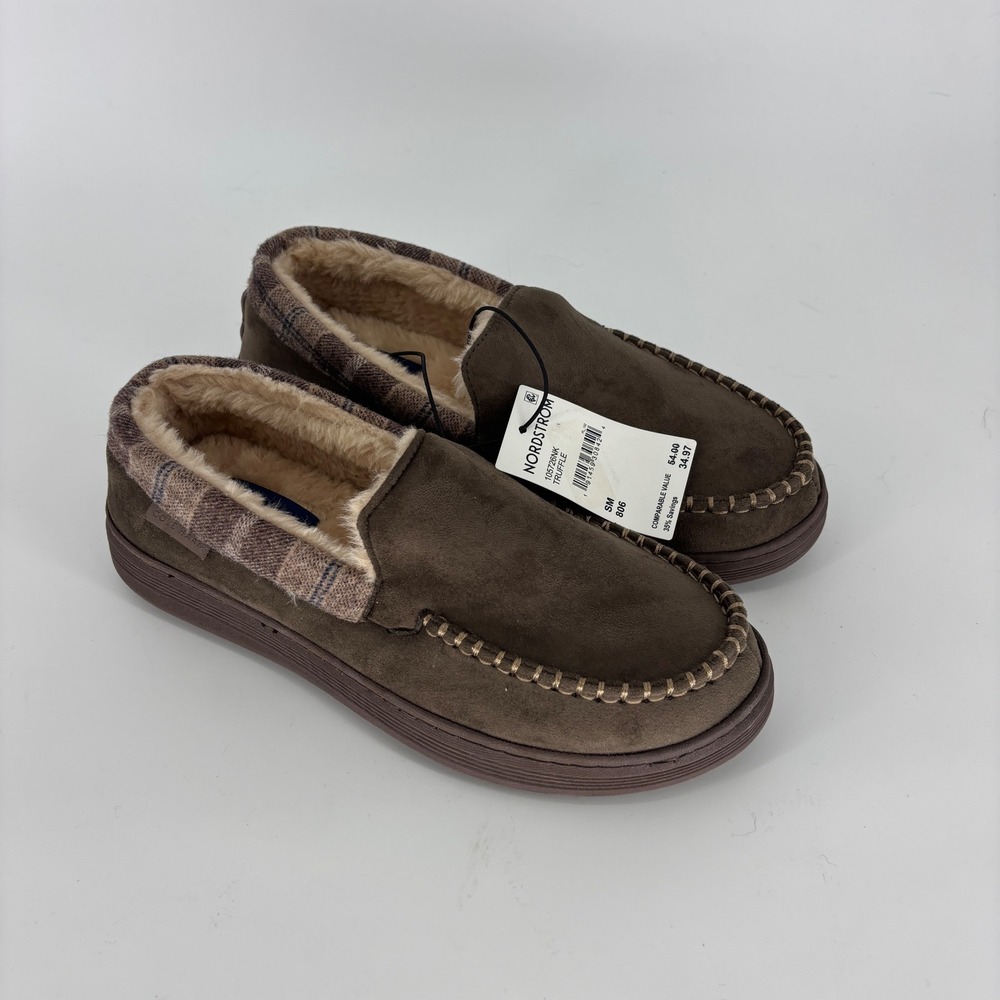 New Cole Haan Plaid Trim Faux Fur Microsuede Slipper Truffle Men Size Small 7-8